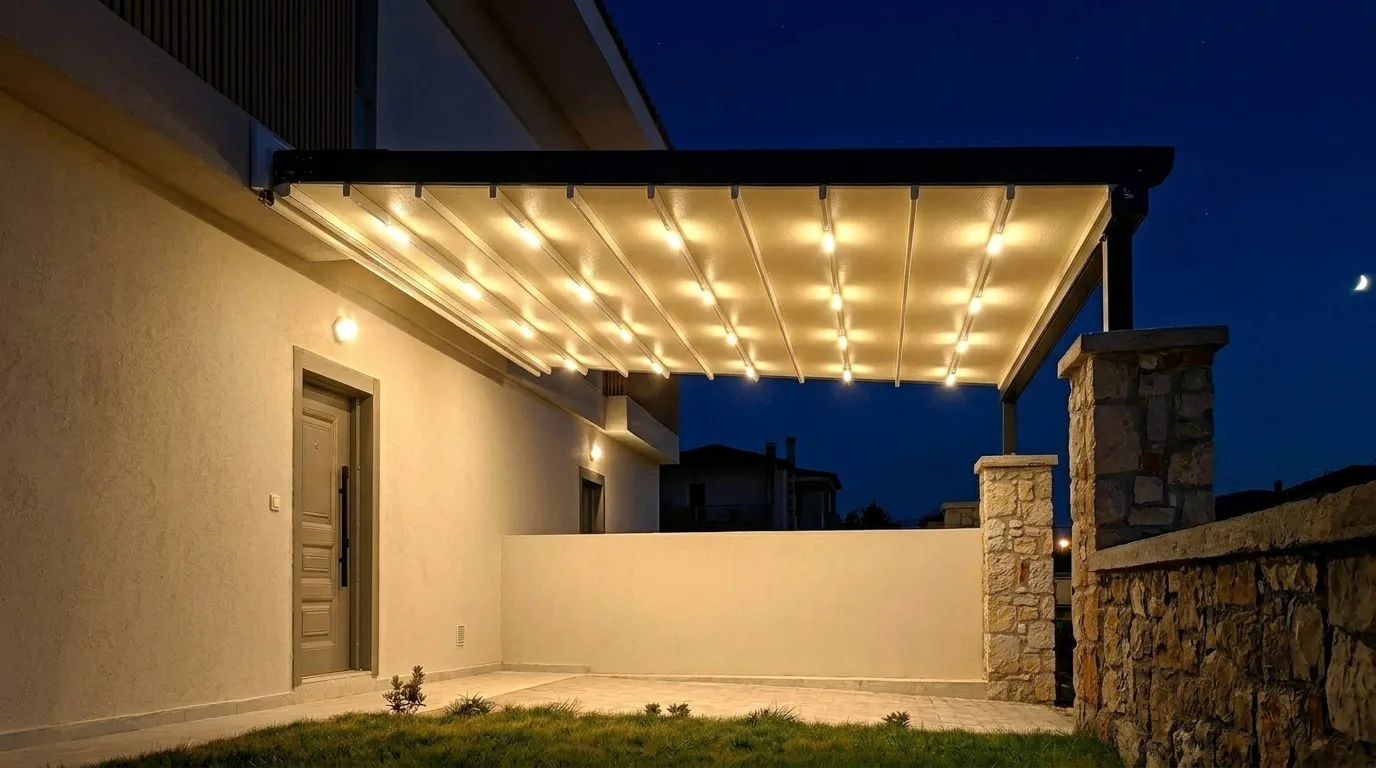 Yapı girişinde pergola tente uygulaması, proje görünümü 2